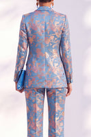 Laden Sie das Bild in den Galerie-Viewer, Lange Blaue Blumenmuster Damenanzüge mit Kerbdruck und Revers