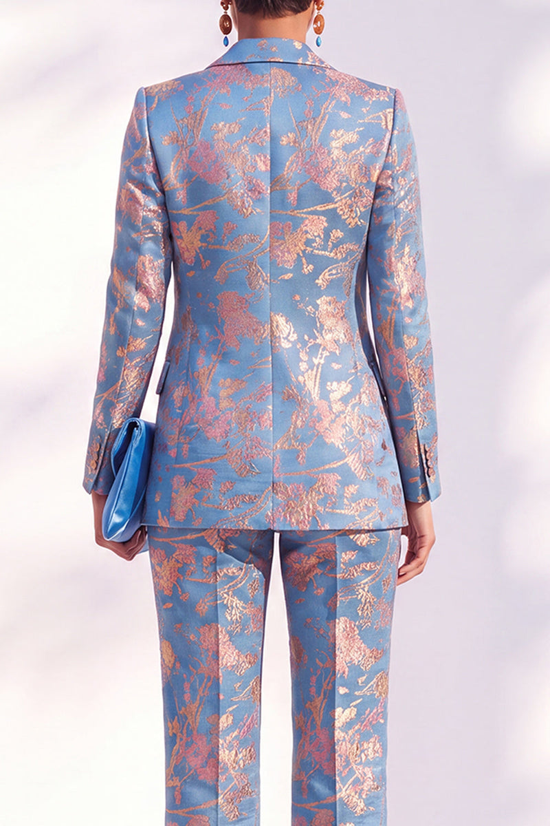 Laden Sie das Bild in den Galerie-Viewer, Lange Blaue Blumenmuster Damenanzüge mit Kerbdruck und Revers