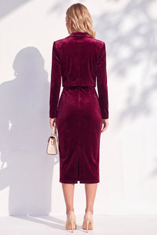 Burgundgrüne Samt Bodycon Midi Damenanzüge mit langen Ärmeln