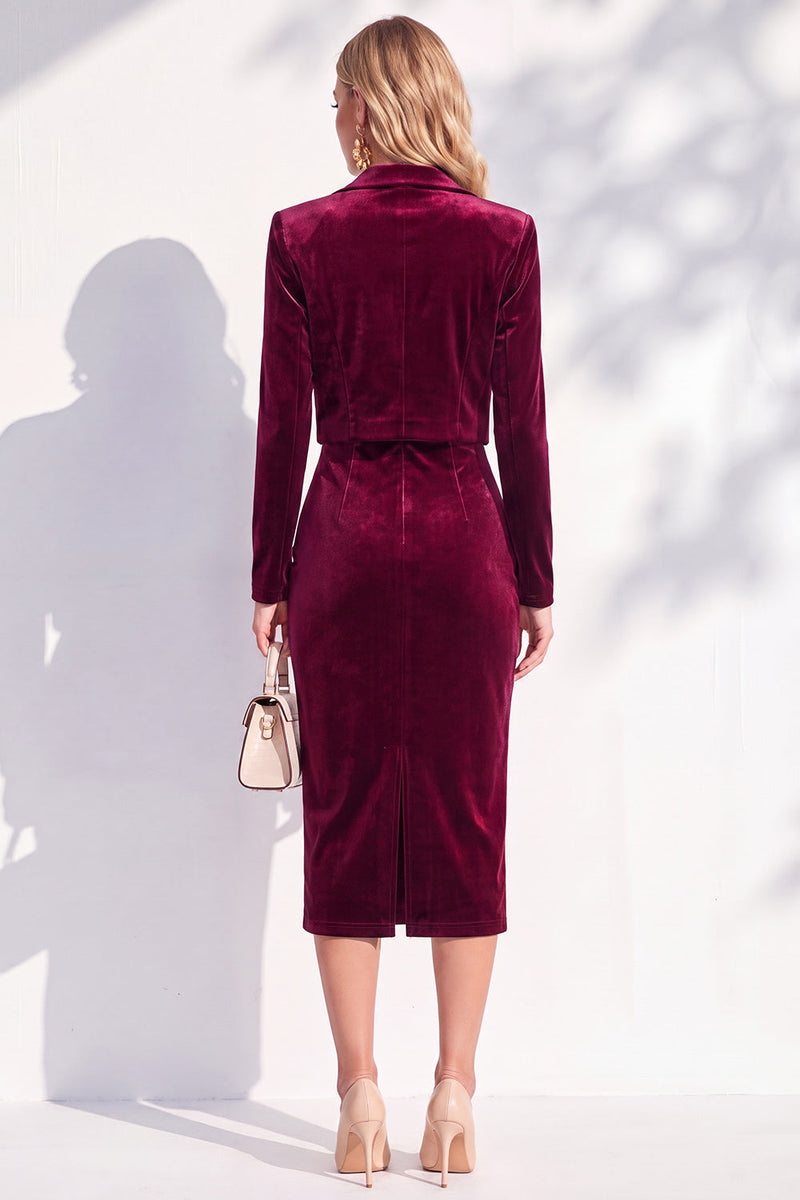 Laden Sie das Bild in den Galerie-Viewer, Burgundgrüne Samt Bodycon Midi Damenanzüge mit langen Ärmeln