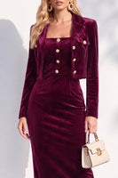 Laden Sie das Bild in den Galerie-Viewer, Burgundgrüne Samt Bodycon Midi Damenanzüge mit langen Ärmeln