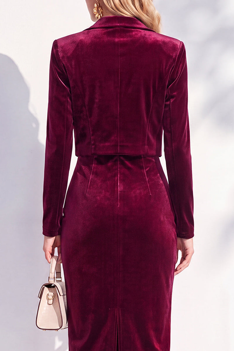 Laden Sie das Bild in den Galerie-Viewer, Burgundgrüne Samt Bodycon Midi Damenanzüge mit langen Ärmeln