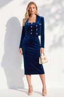 Laden Sie das Bild in den Galerie-Viewer, Burgundgrüne Samt Bodycon Midi Damenanzüge mit langen Ärmeln