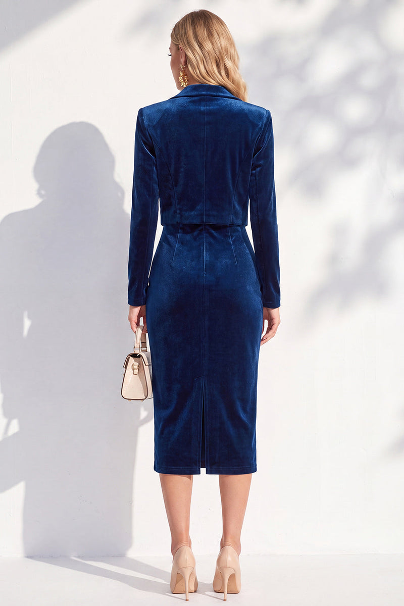 Laden Sie das Bild in den Galerie-Viewer, Burgundgrüne Samt Bodycon Midi Damenanzüge mit langen Ärmeln