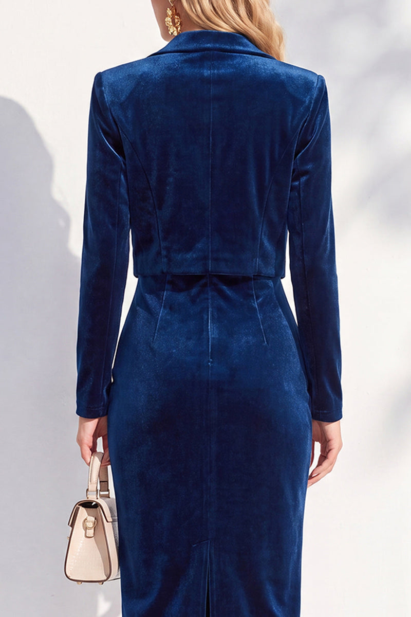 Laden Sie das Bild in den Galerie-Viewer, Burgundgrüne Samt Bodycon Midi Damenanzüge mit langen Ärmeln
