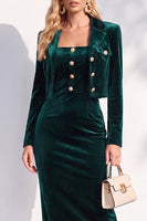 Laden Sie das Bild in den Galerie-Viewer, Burgundgrüne Samt Bodycon Midi Damenanzüge mit langen Ärmeln