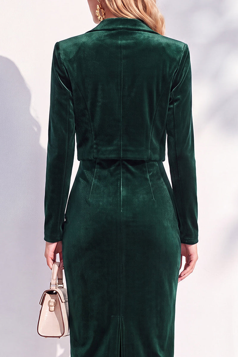 Laden Sie das Bild in den Galerie-Viewer, Burgundgrüne Samt Bodycon Midi Damenanzüge mit langen Ärmeln