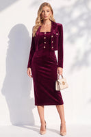Laden Sie das Bild in den Galerie-Viewer, Burgundgrüne Samt Bodycon Midi Damenanzüge mit langen Ärmeln