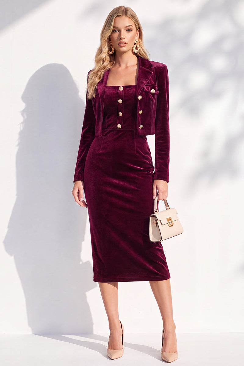 Laden Sie das Bild in den Galerie-Viewer, Burgundgrüne Samt Bodycon Midi Damenanzüge mit langen Ärmeln