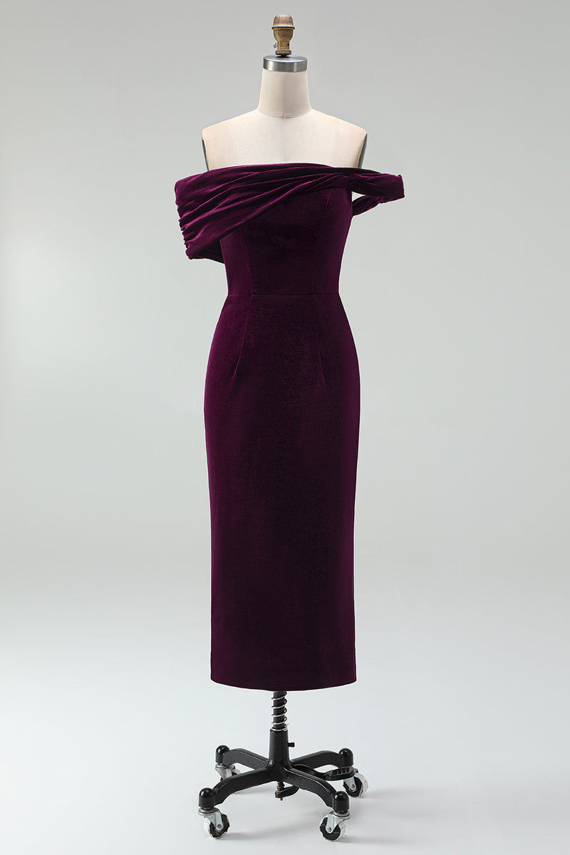 Laden Sie das Bild in den Galerie-Viewer, Burgunder Bodycon Midi Samt Cocktailkleid
