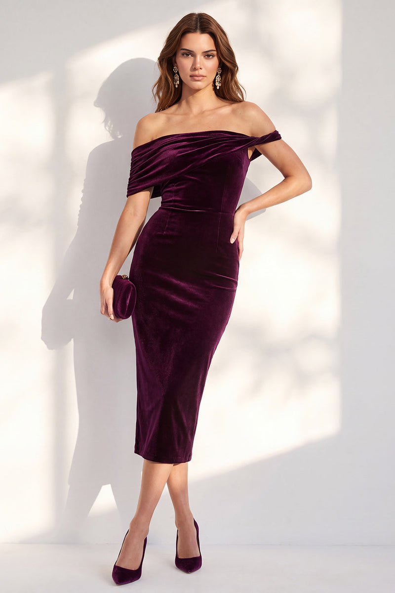 Laden Sie das Bild in den Galerie-Viewer, Burgunder Bodycon Midi Samt Cocktailkleid