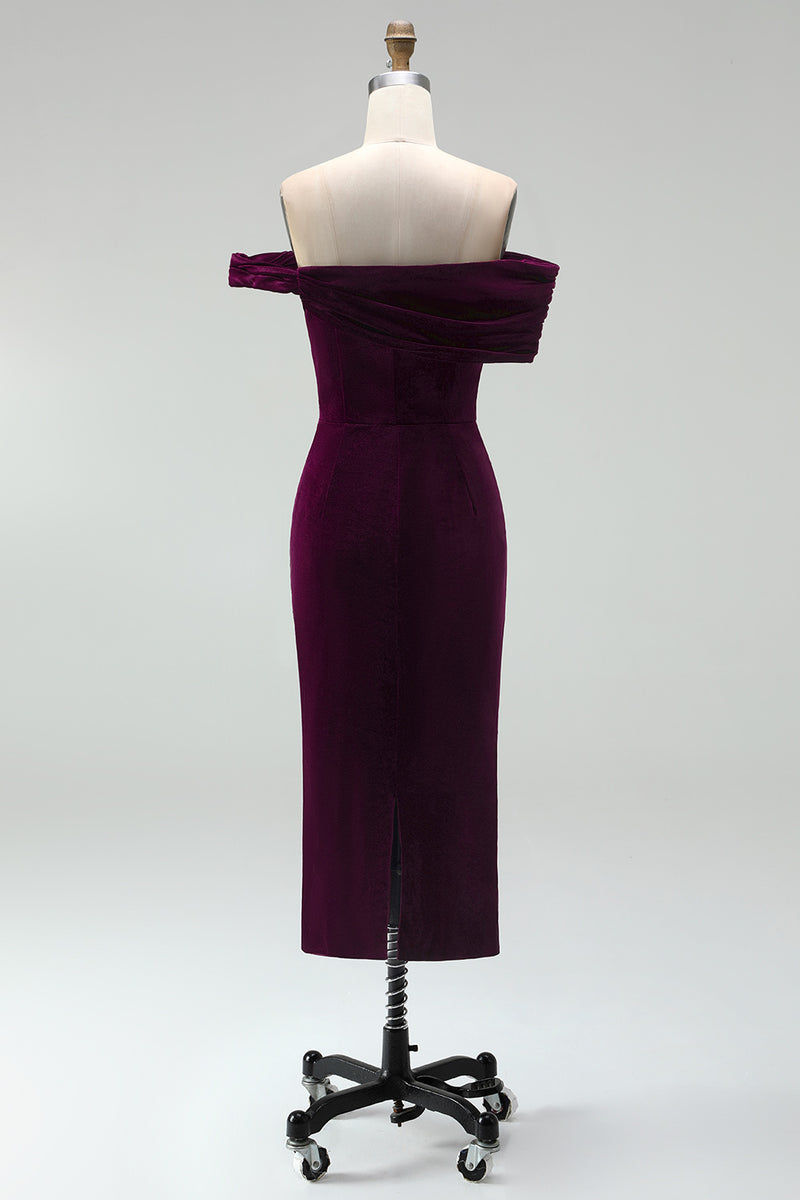 Laden Sie das Bild in den Galerie-Viewer, Burgunder Bodycon Midi Samt Cocktailkleid