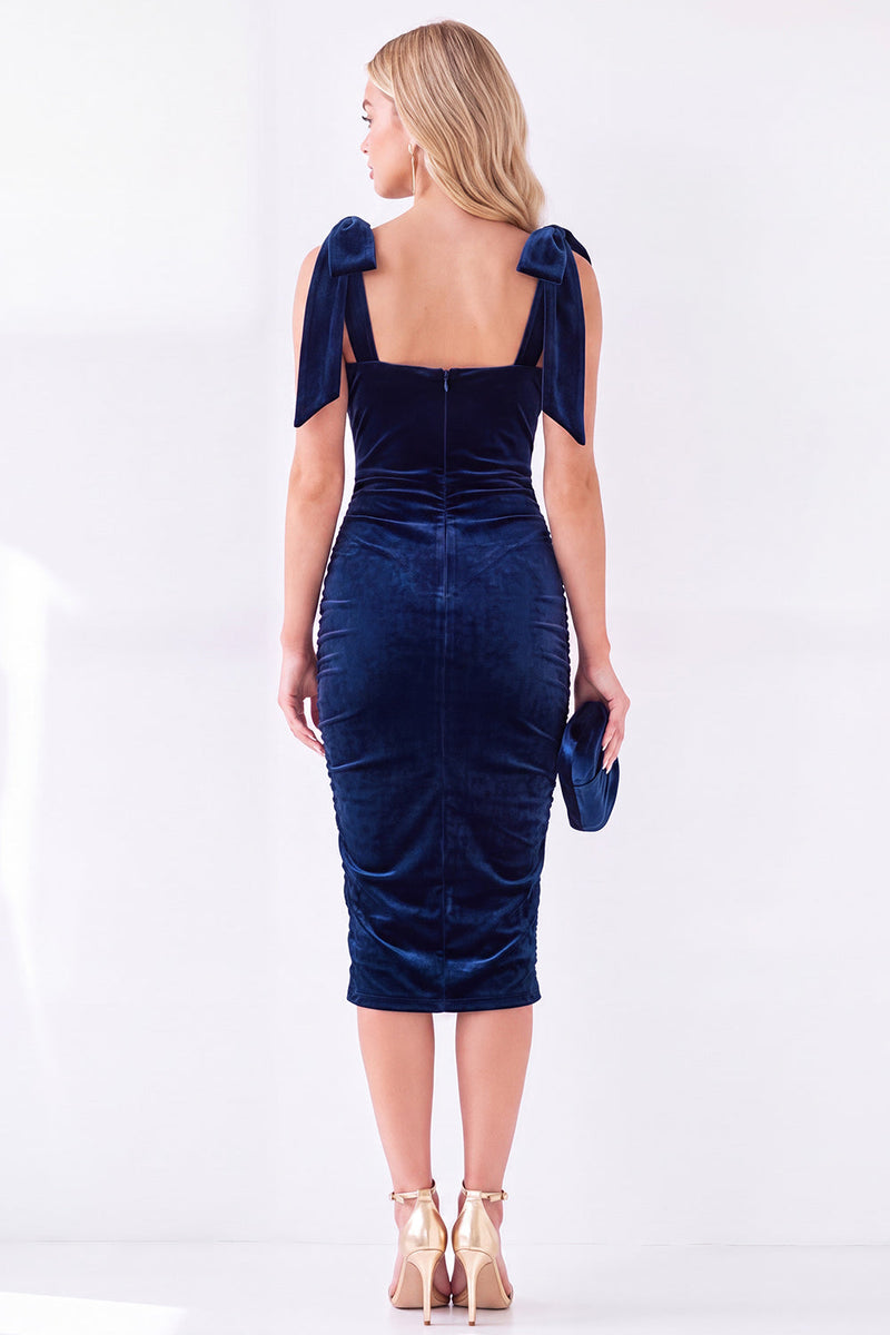 Laden Sie das Bild in den Galerie-Viewer, Dunkelblaues Bodycon Midi Samtkleid mit quadratem Ausschnitt