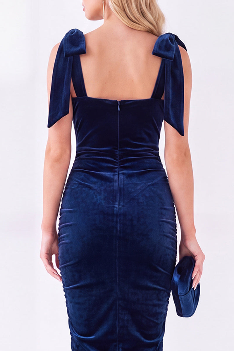 Laden Sie das Bild in den Galerie-Viewer, Dunkelblaues Bodycon Midi Samtkleid mit quadratem Ausschnitt