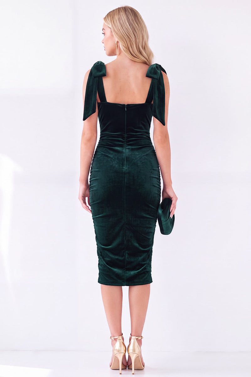 Laden Sie das Bild in den Galerie-Viewer, Dunkelblaues Bodycon Midi Samtkleid mit quadratem Ausschnitt