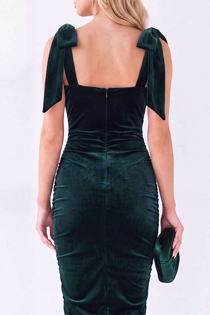 Laden Sie das Bild in den Galerie-Viewer, Dunkelblaues Bodycon Midi Samtkleid mit quadratem Ausschnitt
