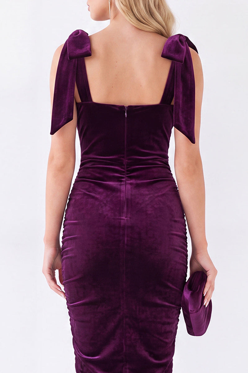 Laden Sie das Bild in den Galerie-Viewer, Dunkelblaues Bodycon Midi Samtkleid mit quadratem Ausschnitt