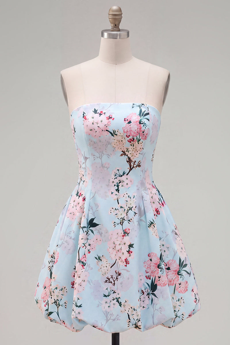 Laden Sie das Bild in den Galerie-Viewer, Rosa satinfarbenes, trägerloses A-Line-Blumen-Homecoming-Kleid mit Schnürung hinten