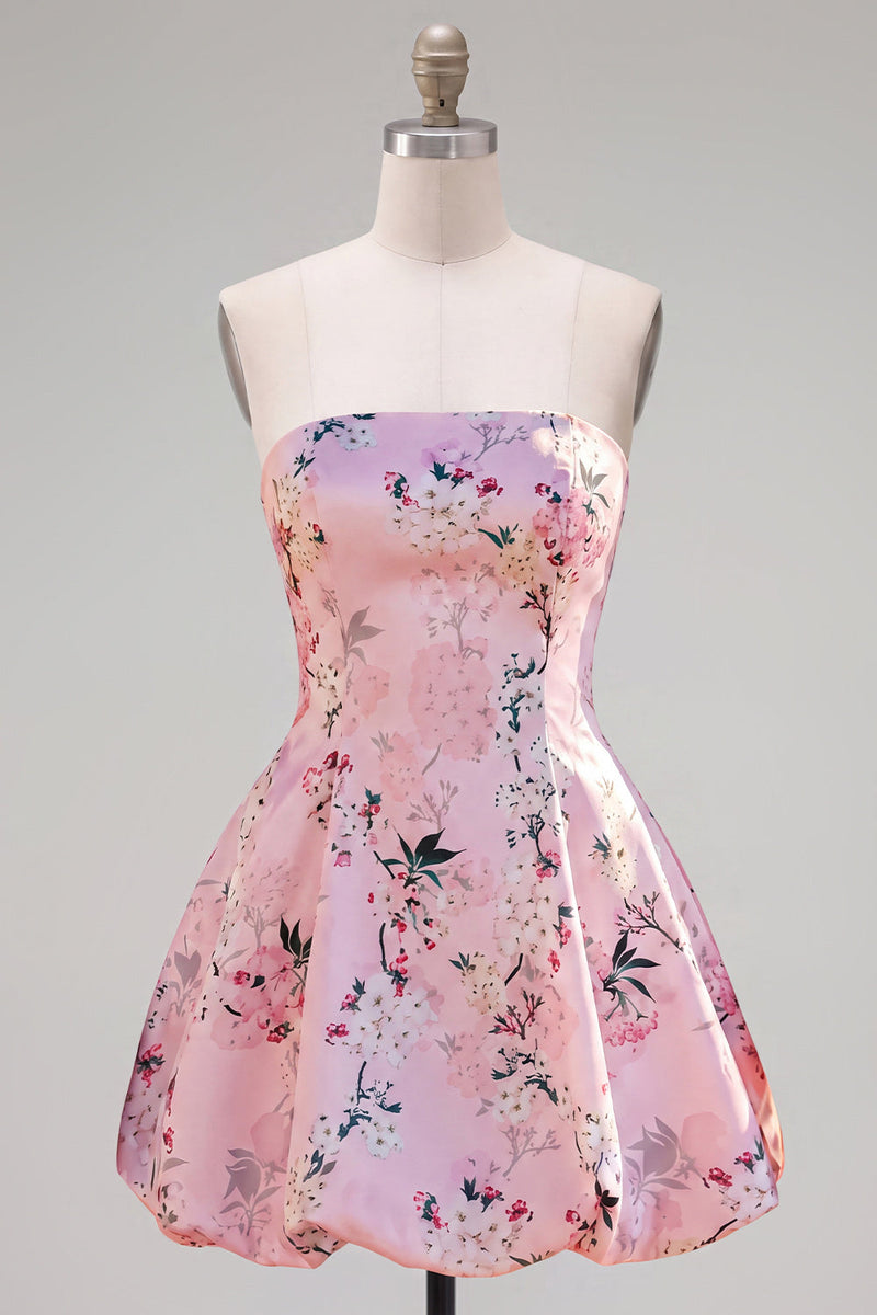 Laden Sie das Bild in den Galerie-Viewer, Rosa satinfarbenes, trägerloses A-Line-Blumen-Homecoming-Kleid mit Schnürung hinten