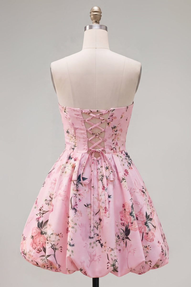 Laden Sie das Bild in den Galerie-Viewer, Rosa satinfarbenes, trägerloses A-Line-Blumen-Homecoming-Kleid mit Schnürung hinten