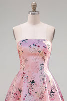 Laden Sie das Bild in den Galerie-Viewer, Rosa satinfarbenes, trägerloses A-Line-Blumen-Homecoming-Kleid mit Schnürung hinten