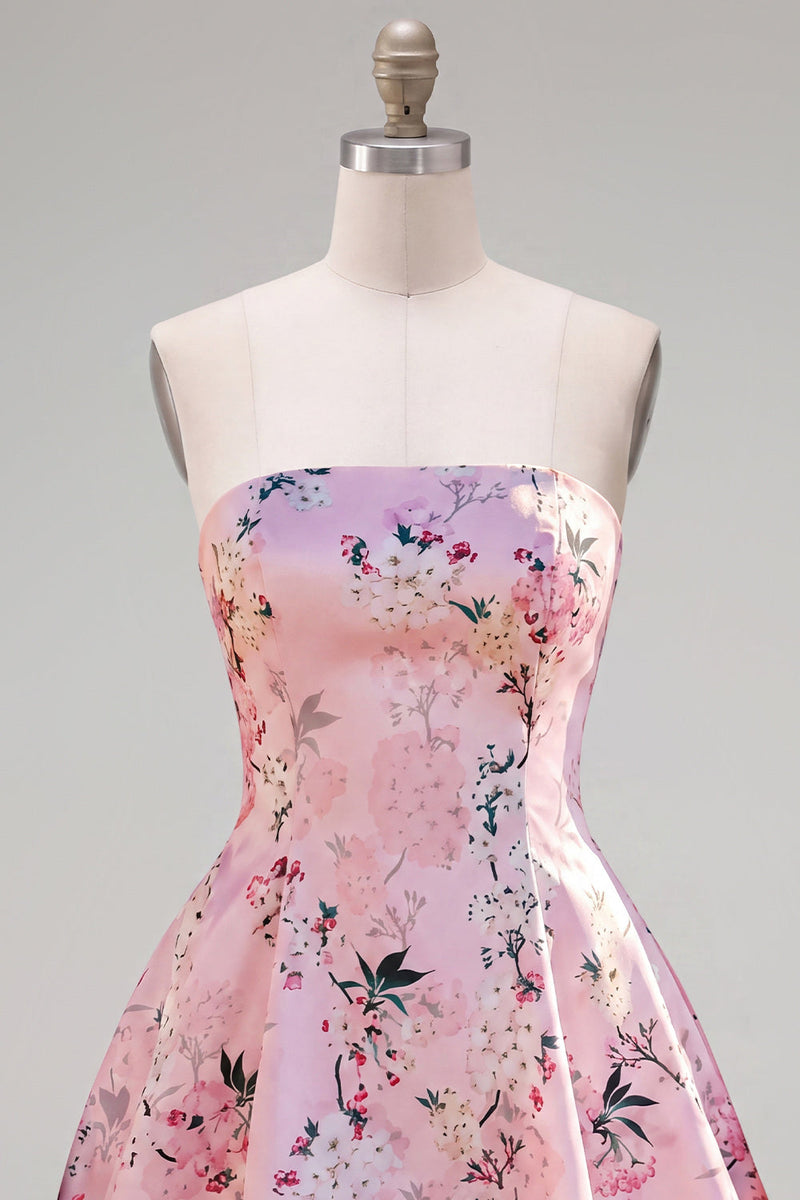 Laden Sie das Bild in den Galerie-Viewer, Rosa satinfarbenes, trägerloses A-Line-Blumen-Homecoming-Kleid mit Schnürung hinten