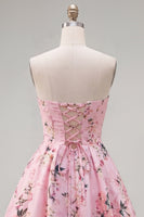 Laden Sie das Bild in den Galerie-Viewer, Rosa satinfarbenes, trägerloses A-Line-Blumen-Homecoming-Kleid mit Schnürung hinten