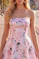 Laden Sie das Bild in den Galerie-Viewer, Rosa satinfarbenes, trägerloses A-Line-Blumen-Homecoming-Kleid mit Schnürung hinten