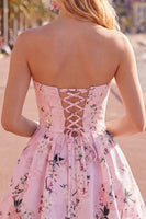 Laden Sie das Bild in den Galerie-Viewer, Rosa satinfarbenes, trägerloses A-Line-Blumen-Homecoming-Kleid mit Schnürung hinten