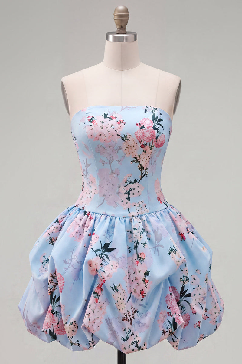 Laden Sie das Bild in den Galerie-Viewer, Trägerloses blaues A-Line-Satin-Floral-Homecoming-Kleid mit Schnürung hinten