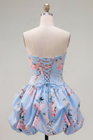 Laden Sie das Bild in den Galerie-Viewer, Trägerloses blaues A-Line-Satin-Floral-Homecoming-Kleid mit Schnürung hinten