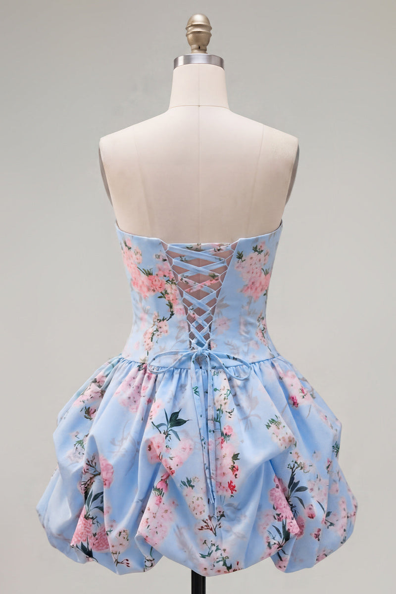 Laden Sie das Bild in den Galerie-Viewer, Trägerloses blaues A-Line-Satin-Floral-Homecoming-Kleid mit Schnürung hinten