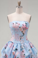 Laden Sie das Bild in den Galerie-Viewer, Trägerloses blaues A-Line-Satin-Floral-Homecoming-Kleid mit Schnürung hinten