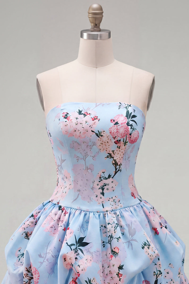 Laden Sie das Bild in den Galerie-Viewer, Trägerloses blaues A-Line-Satin-Floral-Homecoming-Kleid mit Schnürung hinten