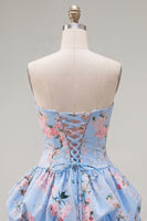 Laden Sie das Bild in den Galerie-Viewer, Trägerloses blaues A-Line-Satin-Floral-Homecoming-Kleid mit Schnürung hinten