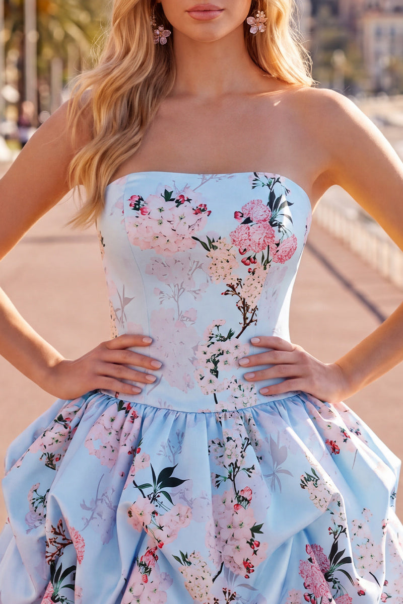 Laden Sie das Bild in den Galerie-Viewer, Trägerloses blaues A-Line-Satin-Floral-Homecoming-Kleid mit Schnürung hinten