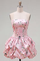 Laden Sie das Bild in den Galerie-Viewer, Trägerloses blaues A-Line-Satin-Floral-Homecoming-Kleid mit Schnürung hinten