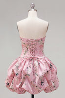 Laden Sie das Bild in den Galerie-Viewer, Trägerloses blaues A-Line-Satin-Floral-Homecoming-Kleid mit Schnürung hinten