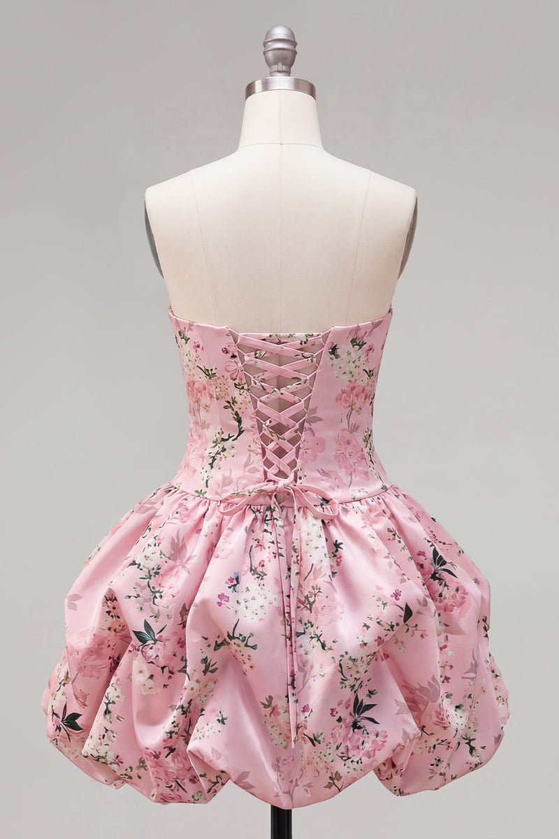 Laden Sie das Bild in den Galerie-Viewer, Trägerloses blaues A-Line-Satin-Floral-Homecoming-Kleid mit Schnürung hinten