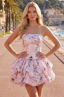 Laden Sie das Bild in den Galerie-Viewer, Trägerloses blaues A-Line-Satin-Floral-Homecoming-Kleid mit Schnürung hinten