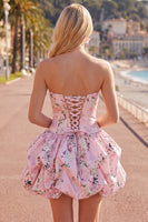 Laden Sie das Bild in den Galerie-Viewer, Trägerloses blaues A-Line-Satin-Floral-Homecoming-Kleid mit Schnürung hinten