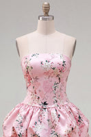 Laden Sie das Bild in den Galerie-Viewer, Trägerloses blaues A-Line-Satin-Floral-Homecoming-Kleid mit Schnürung hinten