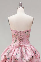 Laden Sie das Bild in den Galerie-Viewer, Trägerloses blaues A-Line-Satin-Floral-Homecoming-Kleid mit Schnürung hinten