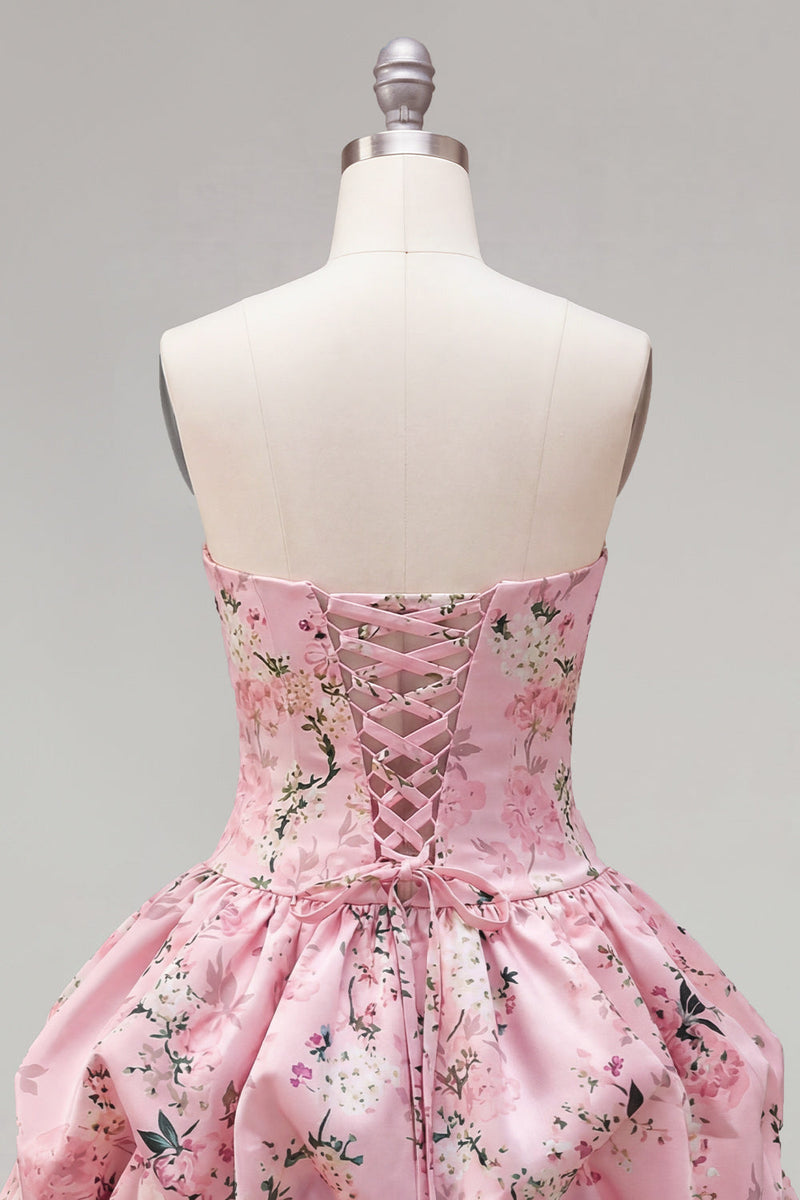 Laden Sie das Bild in den Galerie-Viewer, Trägerloses blaues A-Line-Satin-Floral-Homecoming-Kleid mit Schnürung hinten