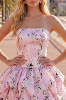 Laden Sie das Bild in den Galerie-Viewer, Trägerloses blaues A-Line-Satin-Floral-Homecoming-Kleid mit Schnürung hinten