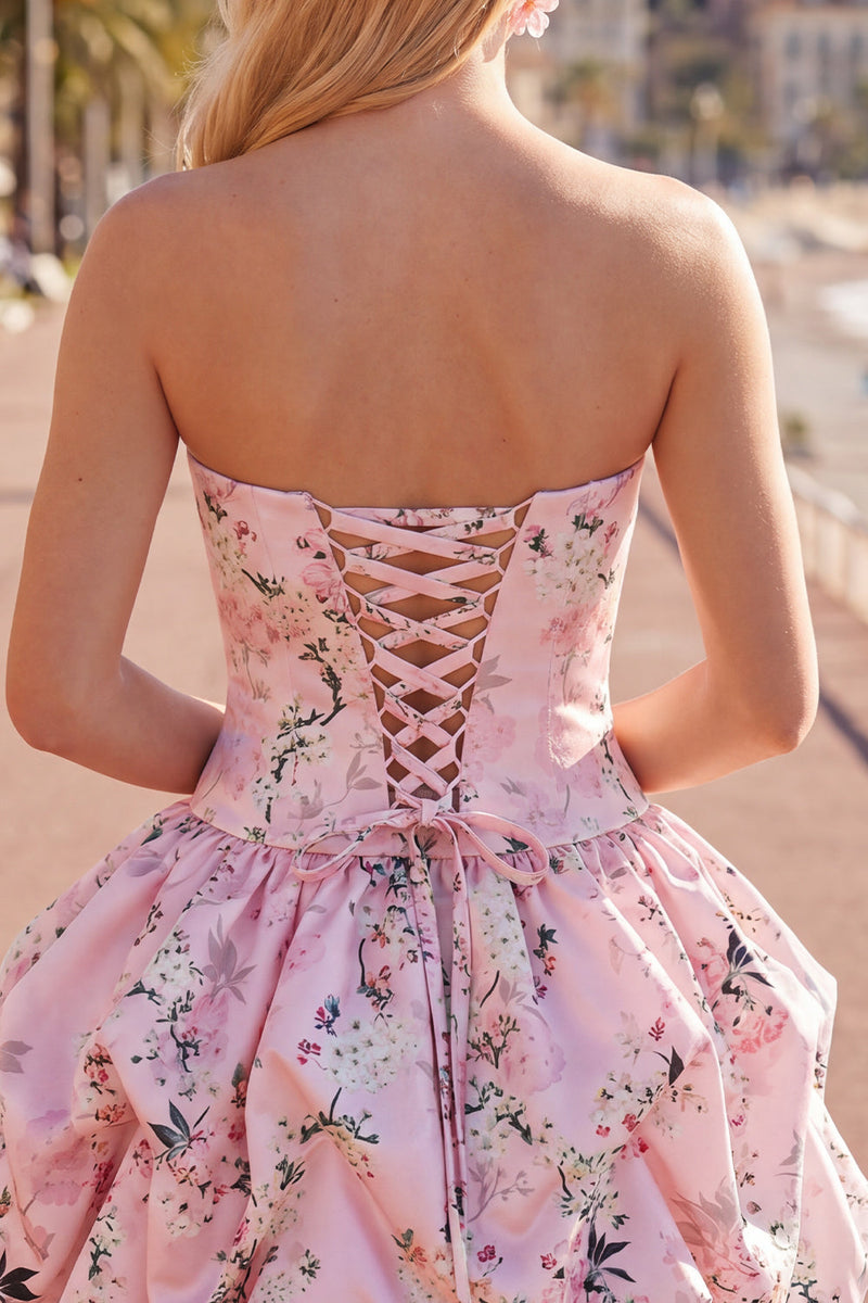 Laden Sie das Bild in den Galerie-Viewer, Trägerloses blaues A-Line-Satin-Floral-Homecoming-Kleid mit Schnürung hinten
