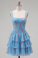 Laden Sie das Bild in den Galerie-Viewer, Blaues Chiffon-Korsett, gestuftes Blumen-A-Linien-Kurzhals-Heimkehrkleid mit quadratem Ausschnitt