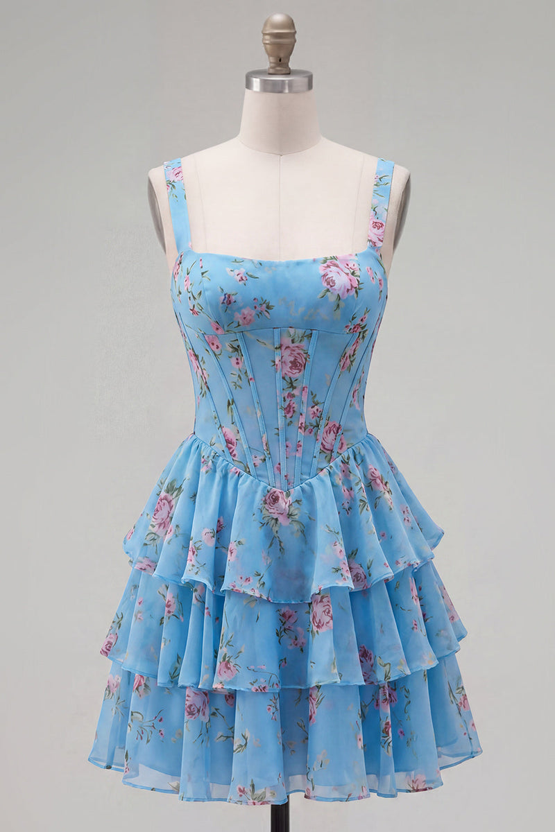 Laden Sie das Bild in den Galerie-Viewer, Blaues Chiffon-Korsett, gestuftes Blumen-A-Linien-Kurzhals-Heimkehrkleid mit quadratem Ausschnitt