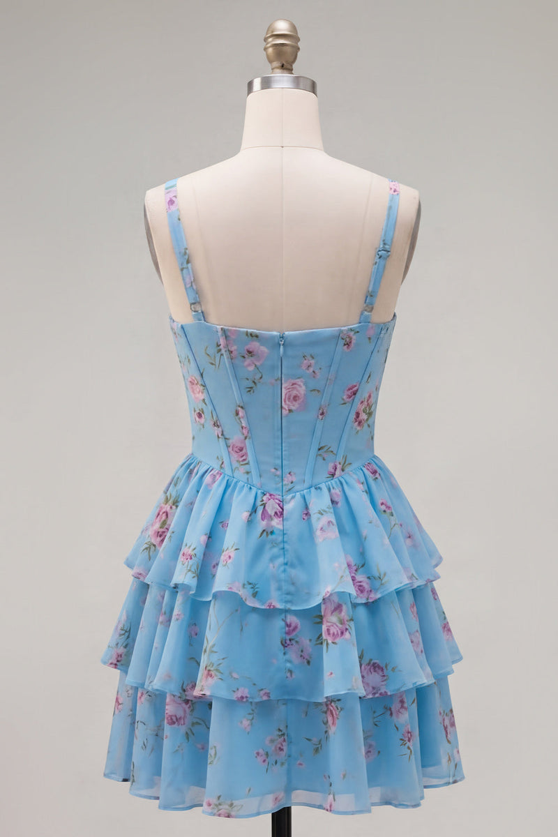 Laden Sie das Bild in den Galerie-Viewer, Blaues Chiffon-Korsett, gestuftes Blumen-A-Linien-Kurzhals-Heimkehrkleid mit quadratem Ausschnitt