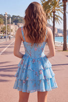Laden Sie das Bild in den Galerie-Viewer, Blaues Chiffon-Korsett, gestuftes Blumen-A-Linien-Kurzhals-Heimkehrkleid mit quadratem Ausschnitt